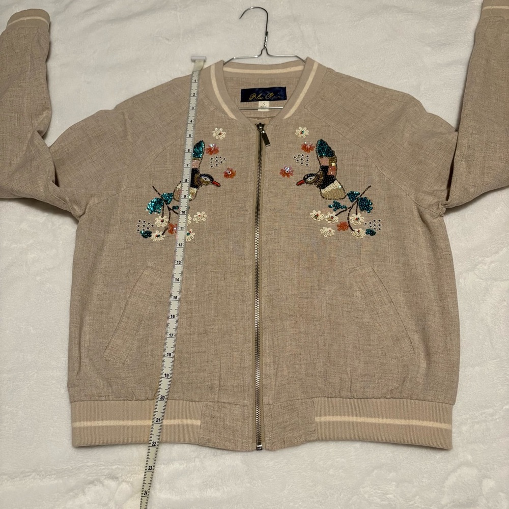 Anthropologie Blue Rain Sequin Hummingbird Bomber Jacket Size Small (S) - Picture 13 of 15